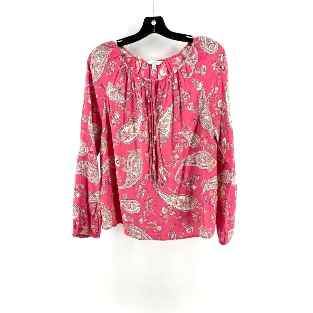 Lucky Brand Women's Pink Paisley Boho Stretch Top Shirt Drawstrings Size Small